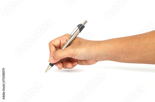 Hand holding pen isolated on white background.