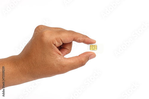Hand holding sim card isolated on white background