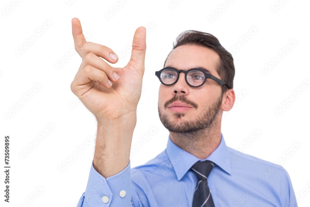 Businessman in shirt measuring something with his fingers Businessman in shirt measuring something with his fingers
