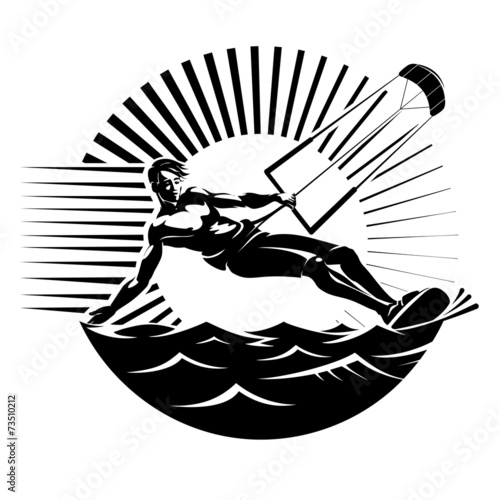 Kite surfing. Vector illustration in the engraving style photo