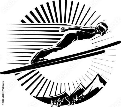 Ski jumping. Vector illustration in the engraving style