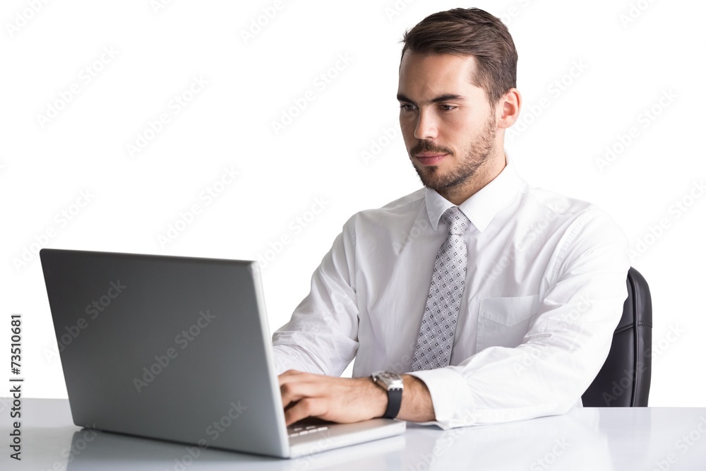 Cheerful businessman using laptop at desk Cheerful businessman using laptop at desk