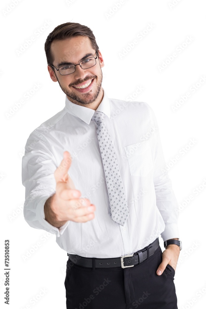 Happy businessman with glasses offering handshake Happy businessman with glasses offering handshake