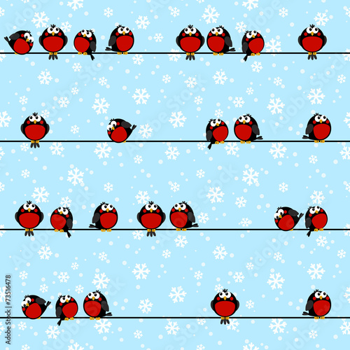 Seamless pattern with cute bullfinches