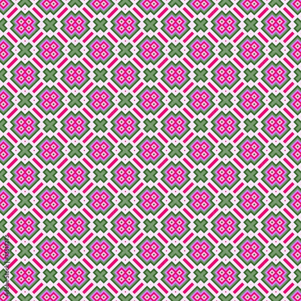 Seamless retro purple square pattern with green crosses.