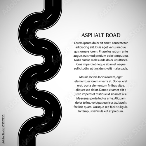 Asphalt road with white intermittent marking and text