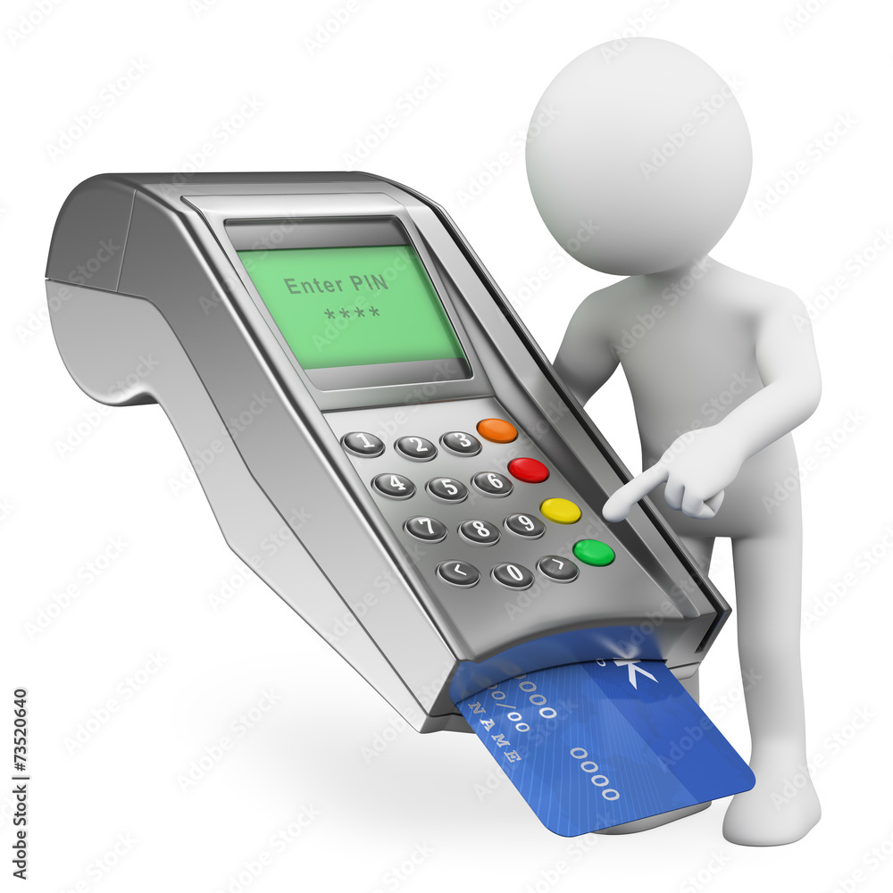 3D white people. Paying with a credit card in a bank terminal 3D white people. Paying with a credit card in a bank terminal