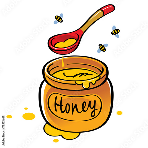 Honey jar with wooden spoon and bees