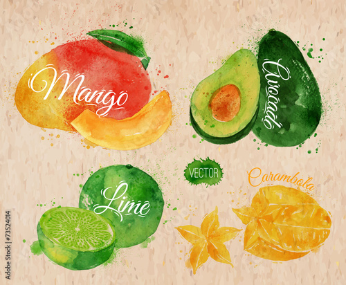 Exotic fruit watercolor mango, avocado, carambola, lime in kraft