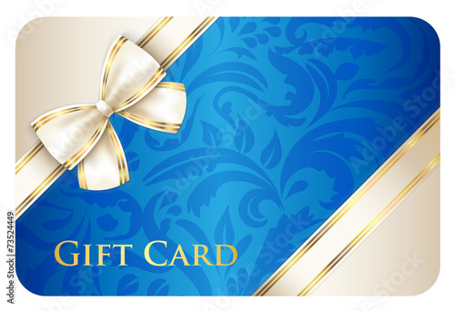 Blue gift card with damask ornament and cream diagonal ribbon