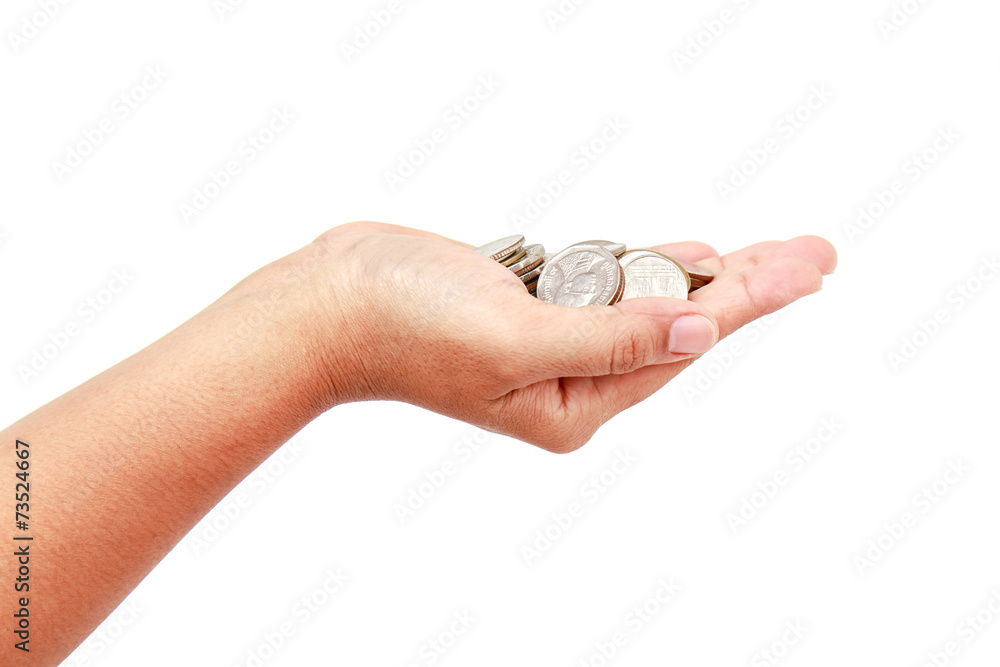 Woman hand holding coin isolates on white background Woman hand holding coin isolates on white background