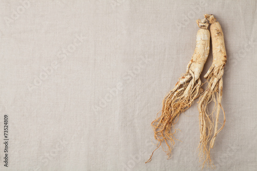 dry ginseng roots on the burlap photo