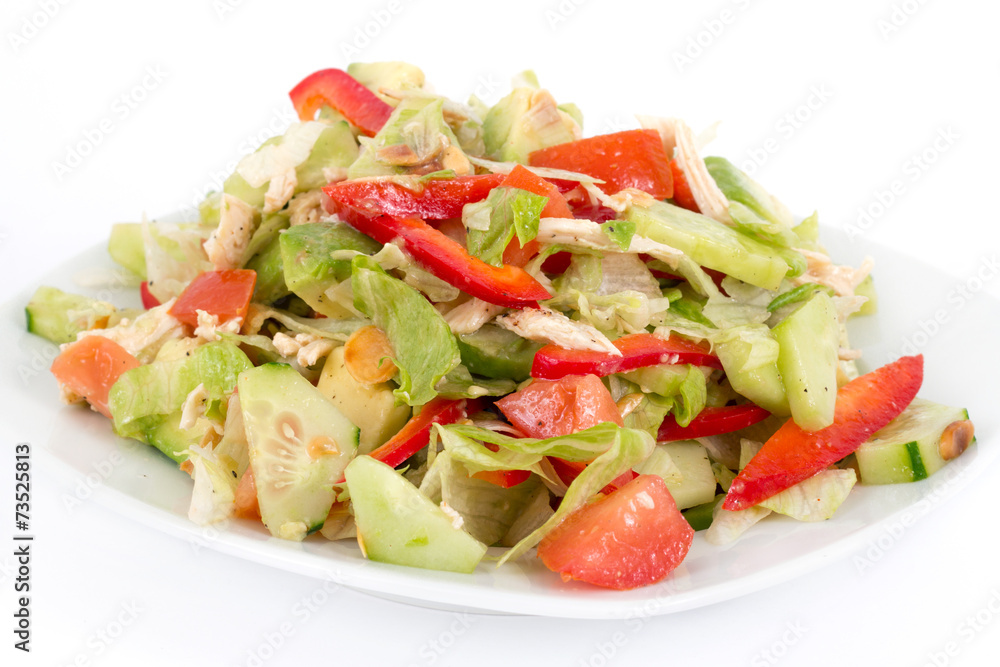 chicken and avocado fresh salad over white