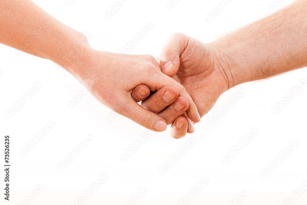 Holding hands couple on white background.