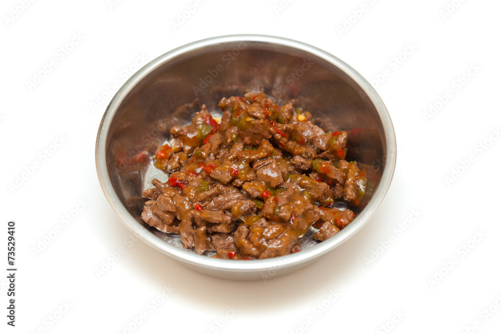 bowl with meat and vegetables for the animals isolated bowl with meat and vegetables for the animals isolated