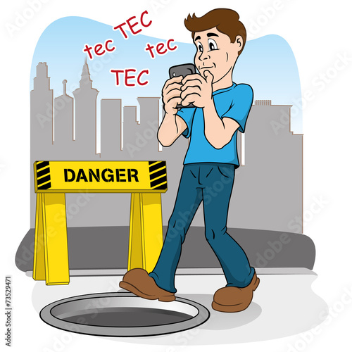 Inattentive person walking by smart phone. risk of falling