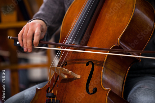 Detail of the cello in the hands of a musician