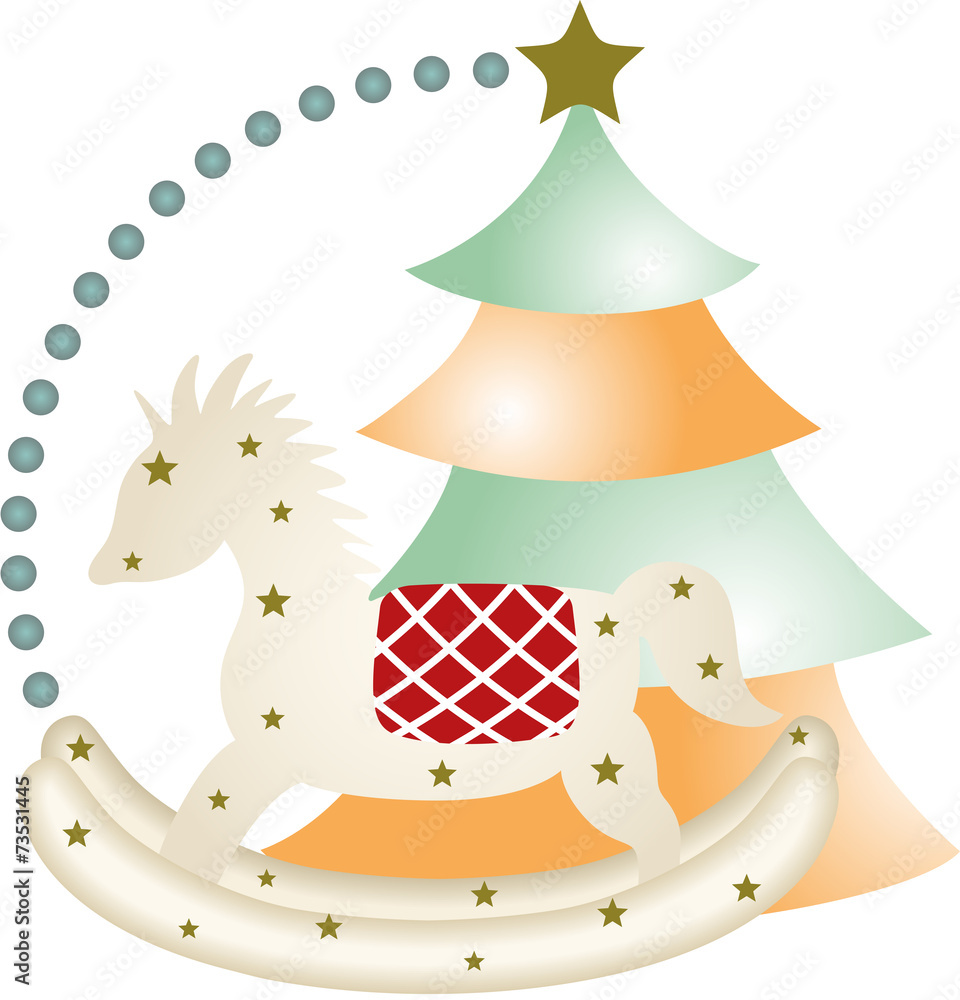 Obraz premium New year wooden horse and christmas tree