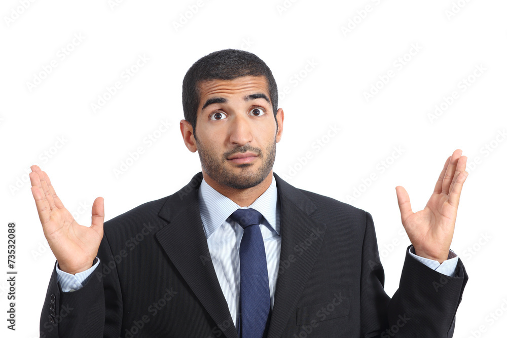 Arab business man with a doubt gesturing Arab business man with a doubt gesturing