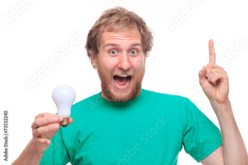 Happy bearded man with Idea and bulb