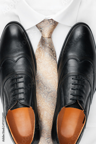 Classic mens shoes, tie and white shirt