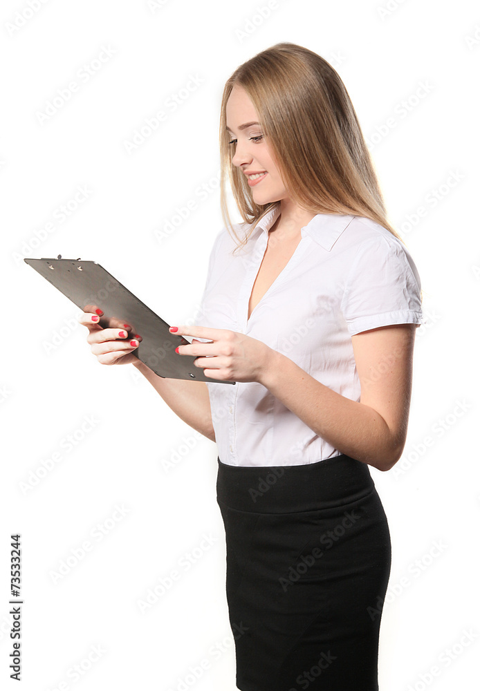 Business woman with clipboard isolated on white Business woman with clipboard isolated on white