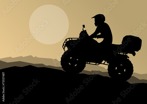 All terrain vehicle quad motorbike rider in wild nature backgrou