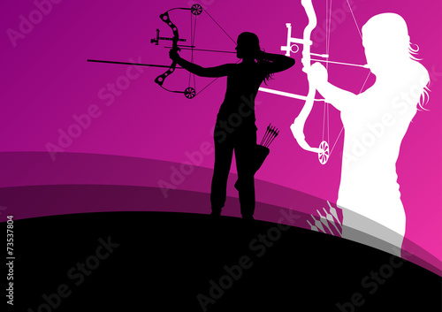 Active young archery sport man and woman silhouettes in abstract