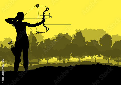 Active archery sport silhouette background vector in nature conc