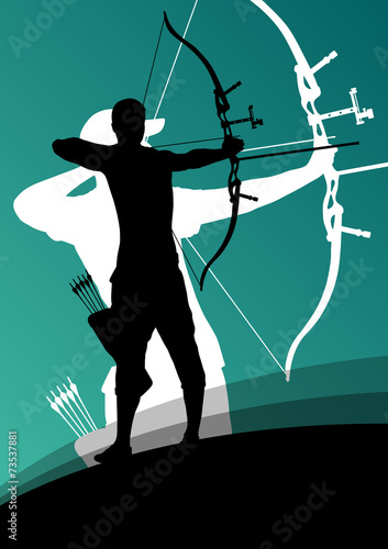 Active young archery sport man and woman silhouettes in abstract photo