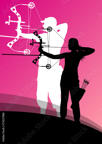 Active young archery sport man and woman silhouettes in abstract
