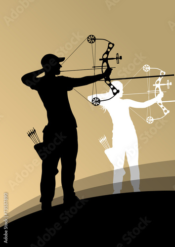 Active young archery sport man and woman silhouettes in abstract
