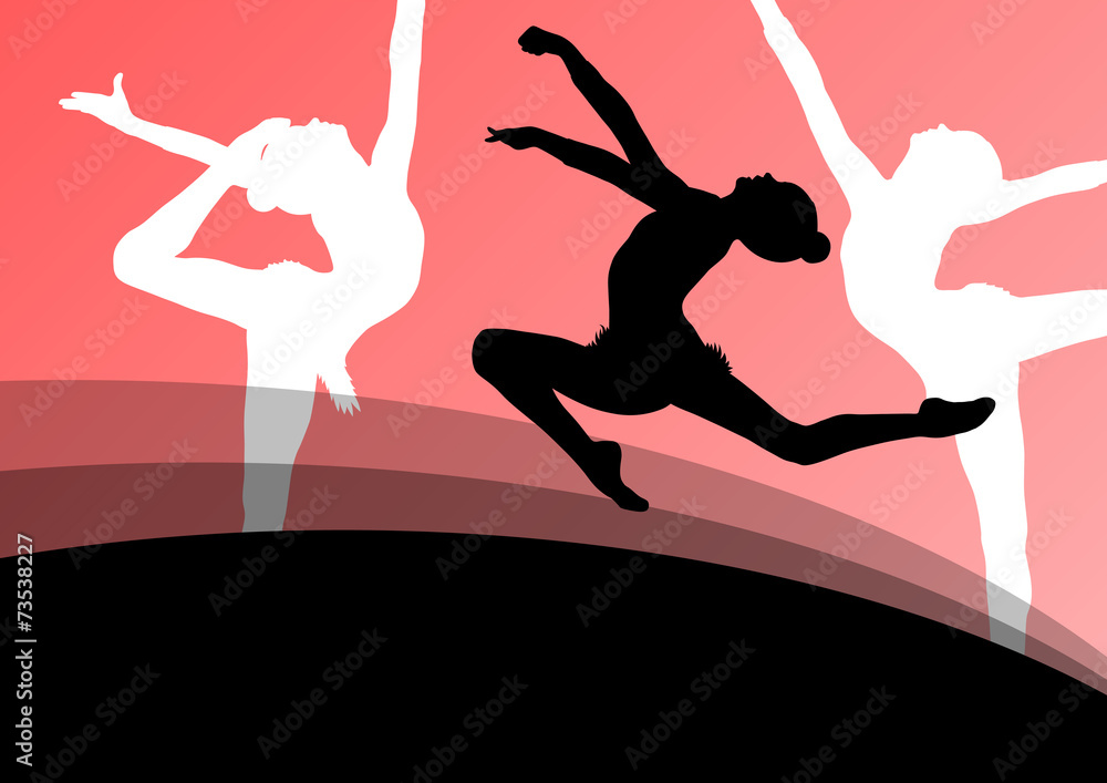 Active young girl gymnasts silhouettes in acrobatics abstract ba Active young girl gymnasts silhouettes in acrobatics abstract ba