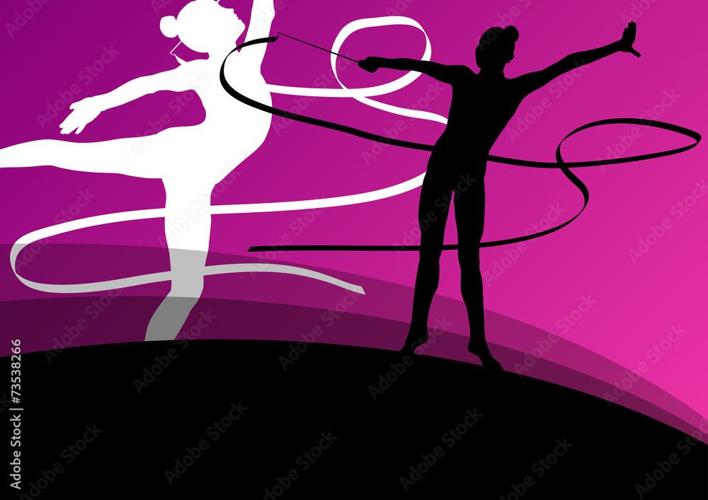 Active young girl gymnasts silhouettes in acrobatics flying ribb