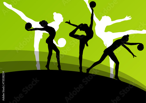 Active young girl gymnasts silhouettes in acrobatics ball abstra