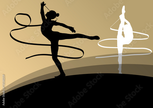 Active young girl gymnasts silhouettes in acrobatics flying ribb