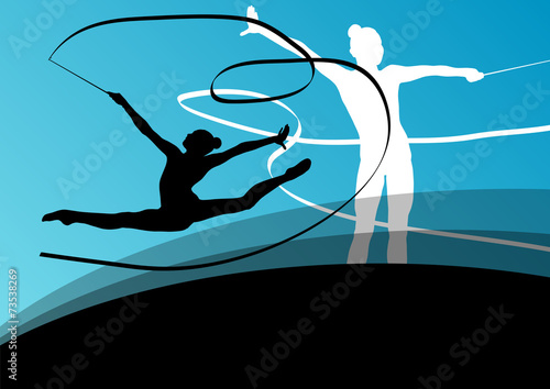 Active young girl gymnasts silhouettes in acrobatics flying ribb