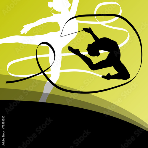 Active young girl gymnasts silhouettes in acrobatics flying ribb