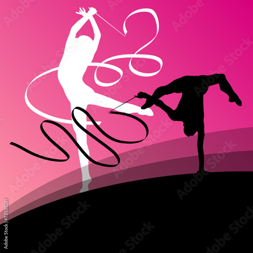 Active young girl gymnasts silhouettes in acrobatics flying ribb