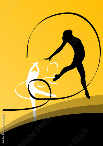Active young girl gymnasts silhouettes in acrobatics flying ribb
