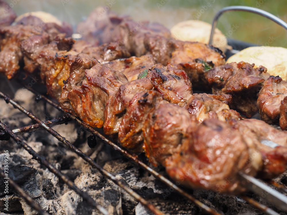 Closeup of beef meat on skewers over hot charcoal barbecue