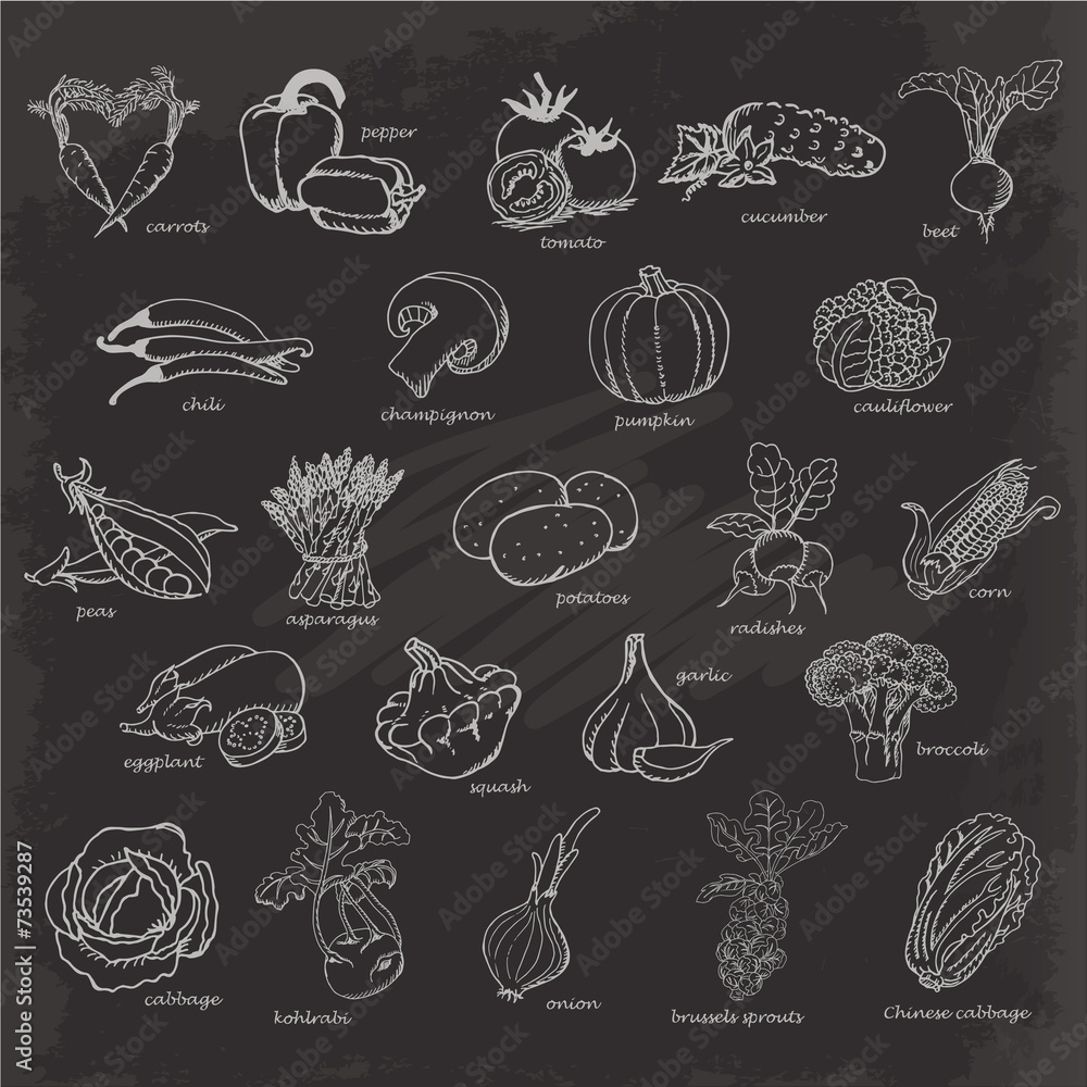 Fototapeta premium Hand drawing sketch vegetables on black background