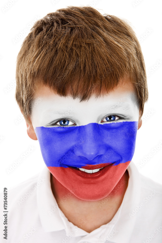 Young boy with Netherlands flag painted on his face Young boy with Netherlands flag painted on his face