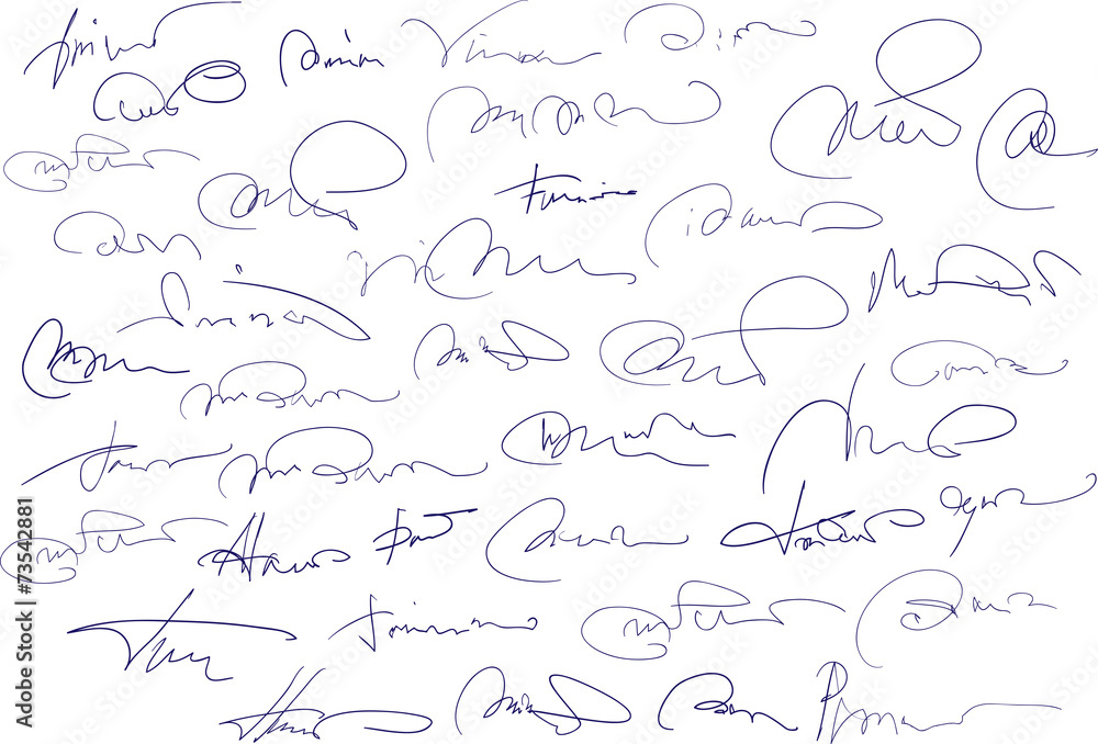 Collection of fictitious contract signatures. Autograph illustra