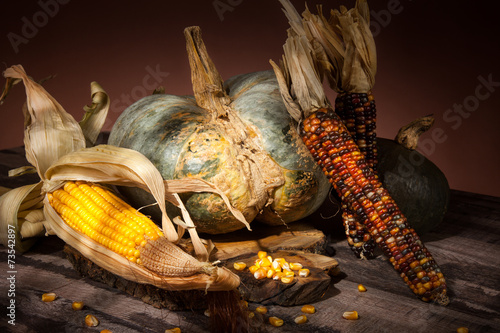 pumpkins and corn cobs