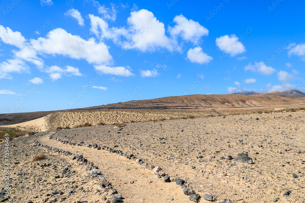 Trekking trail path near Sotavento beach, Fuerteventura island