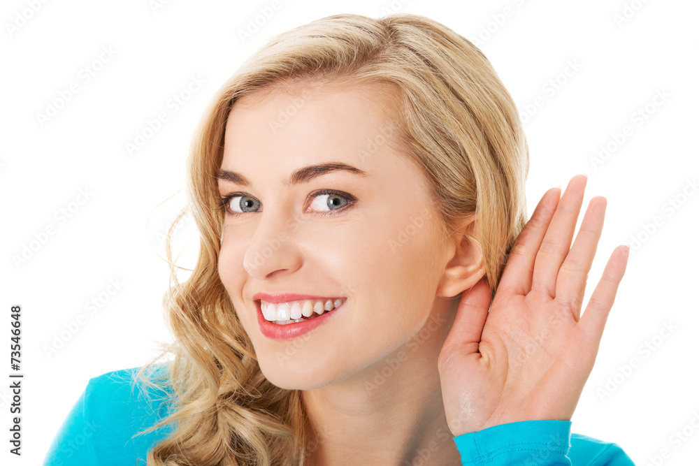 Portrait of woman overhearing a conversation Portrait of woman overhearing a conversation