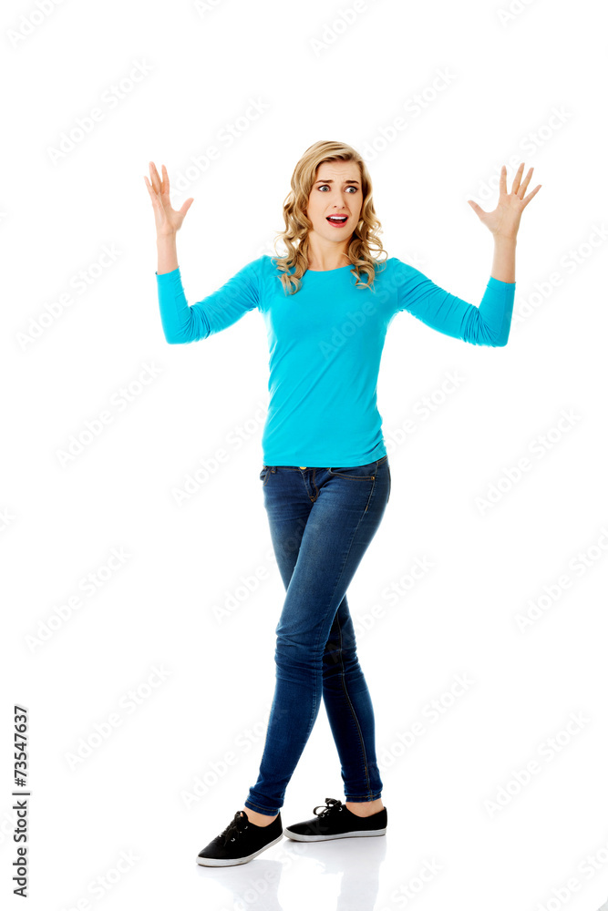 Angry woman with hands up Angry woman with hands up