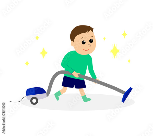 A boy vacuuming the floor