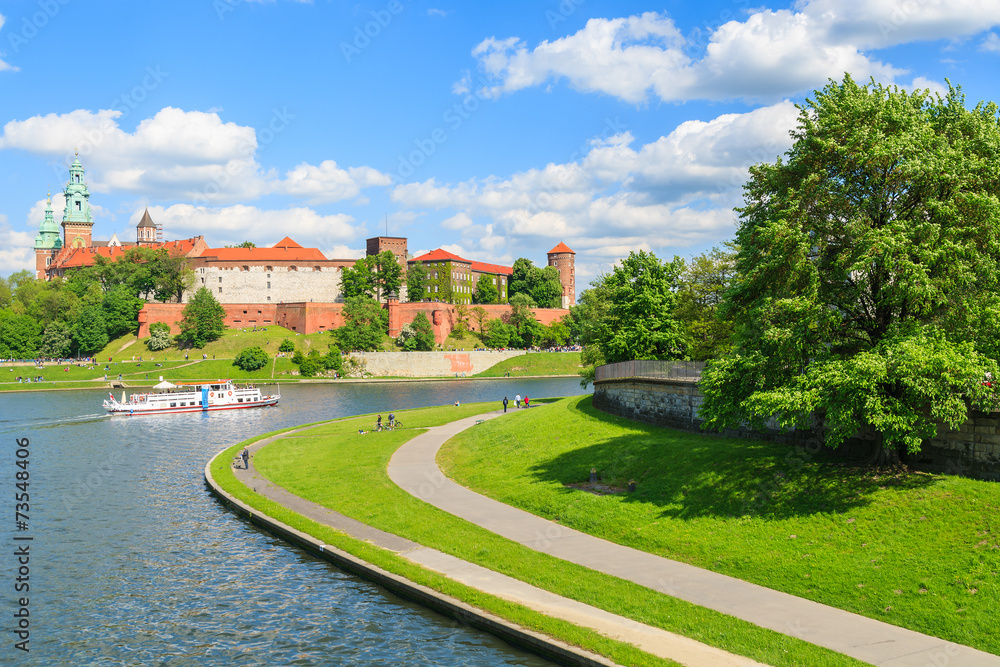 Naklejka premium Tourist boat on Vistula river and Wawel Castle, Krakow, Poland